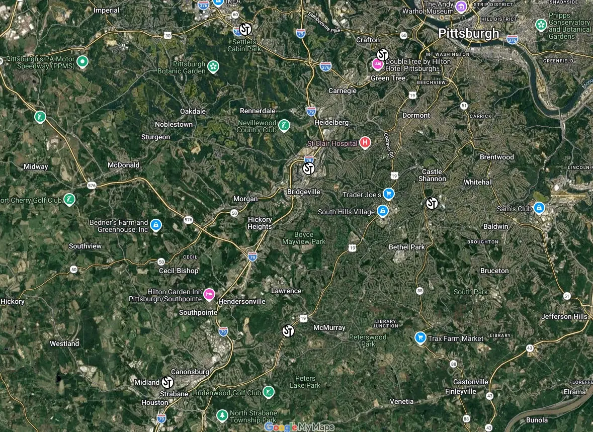 Map showing all six Sunsational Tan salon locations across the Pittsburgh South Hills
