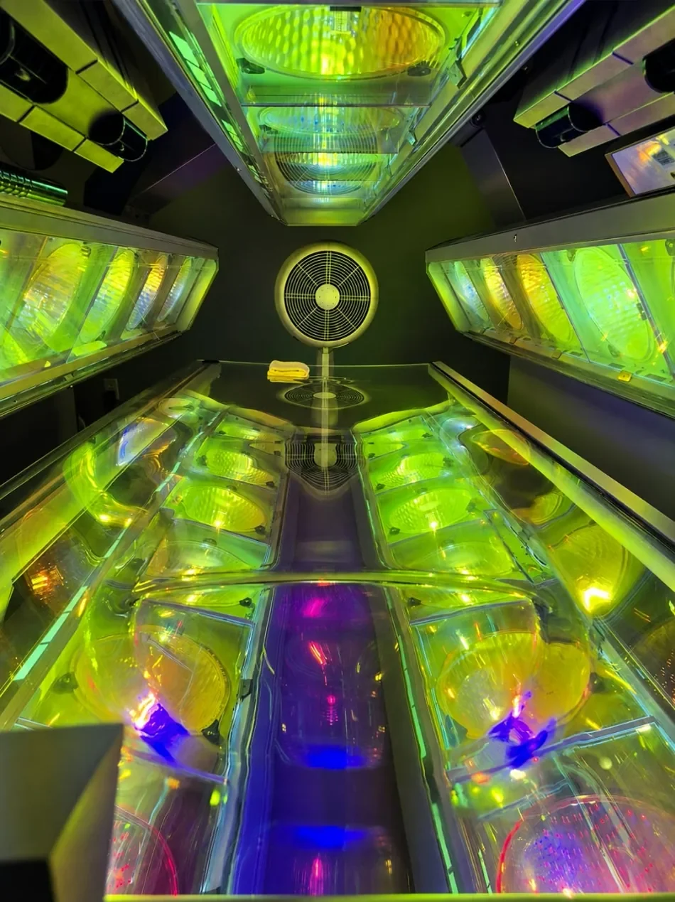 Inside a full-body tanning bed at Sunsational Tan